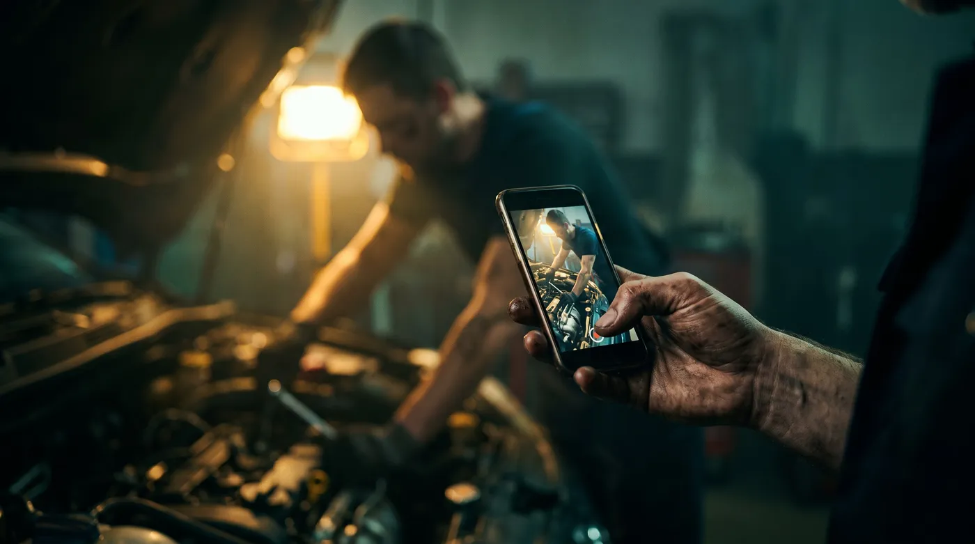 Mechaniker filmt mit dem Smartphone einen Kollegen bei der Arbeit am Motor