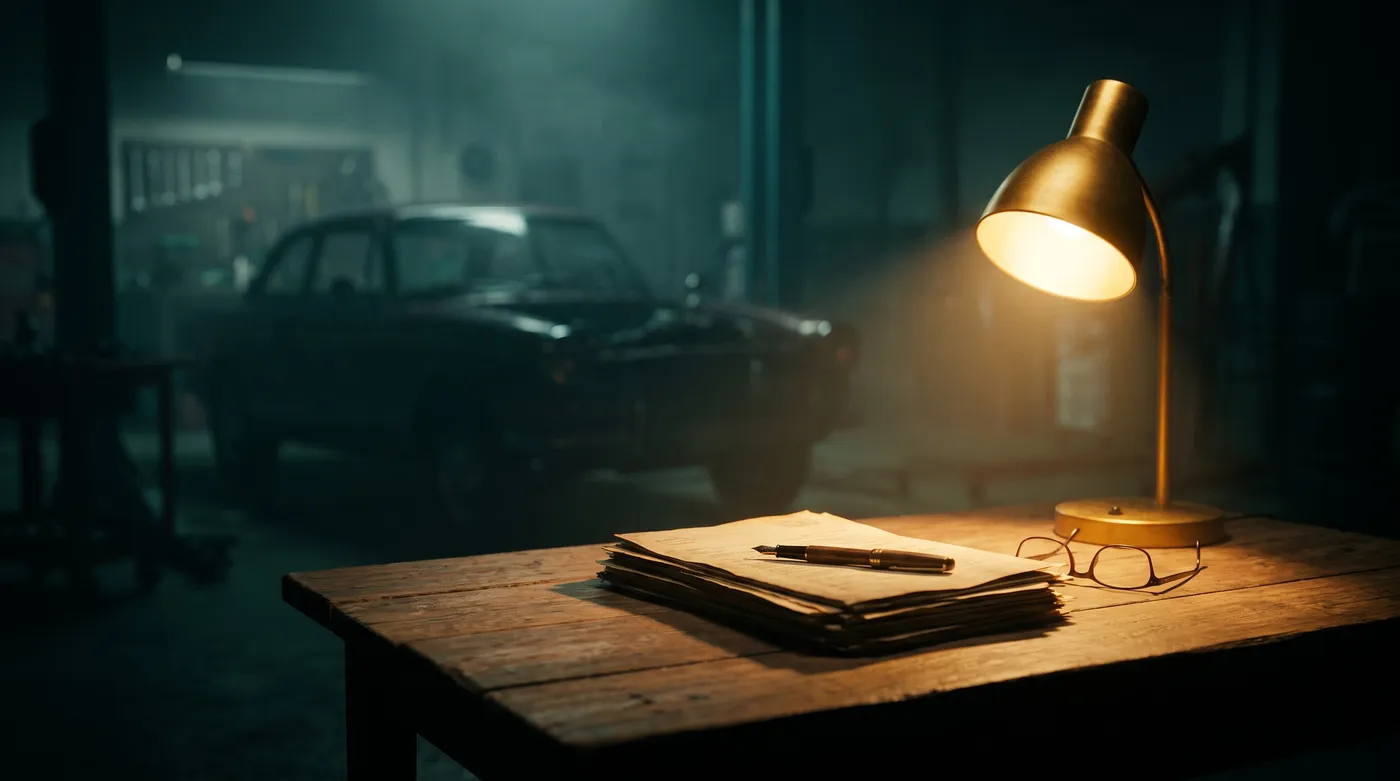 Schreibtisch mit Förderunterlagen im Licht einer Lampe, Werkstatt im Hintergrund