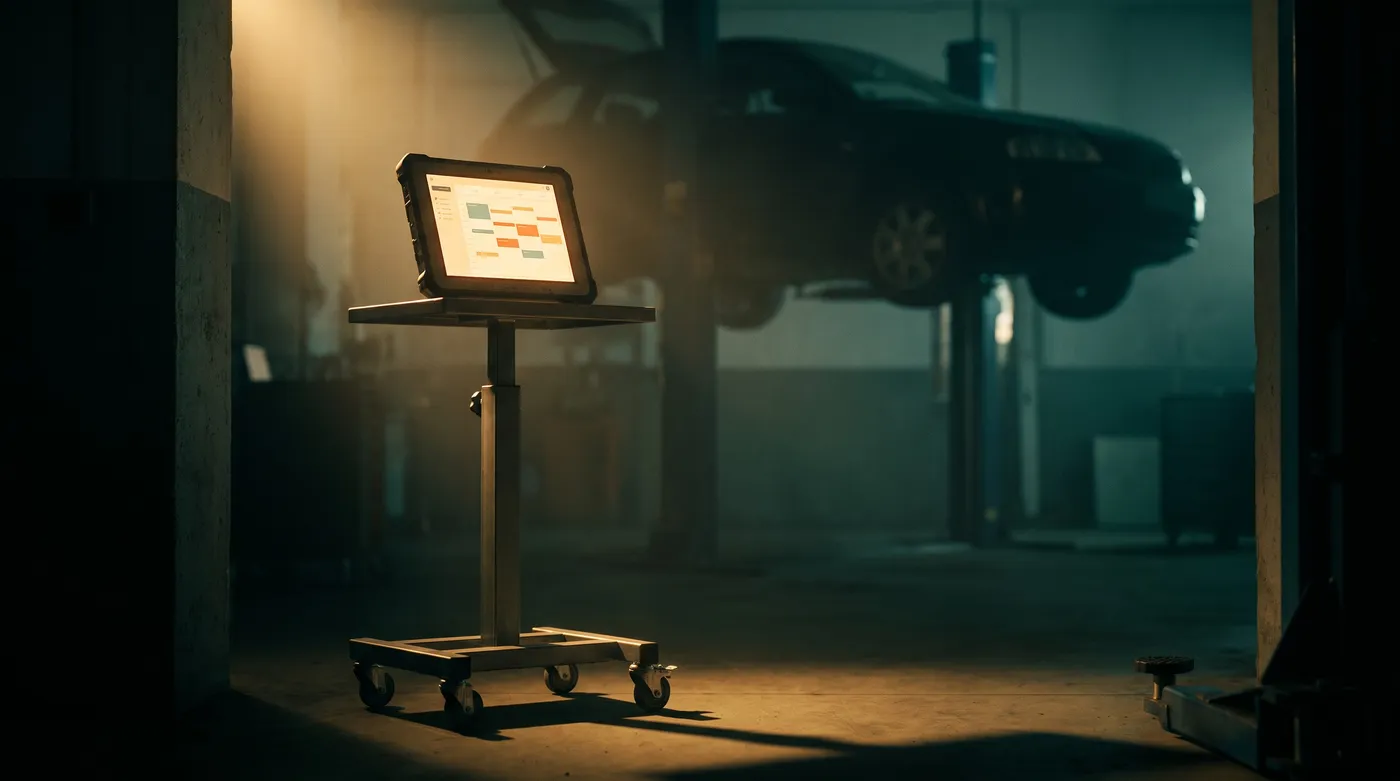 Digitales Auftragsterminal in einer dunklen Kfz-Werkstatt