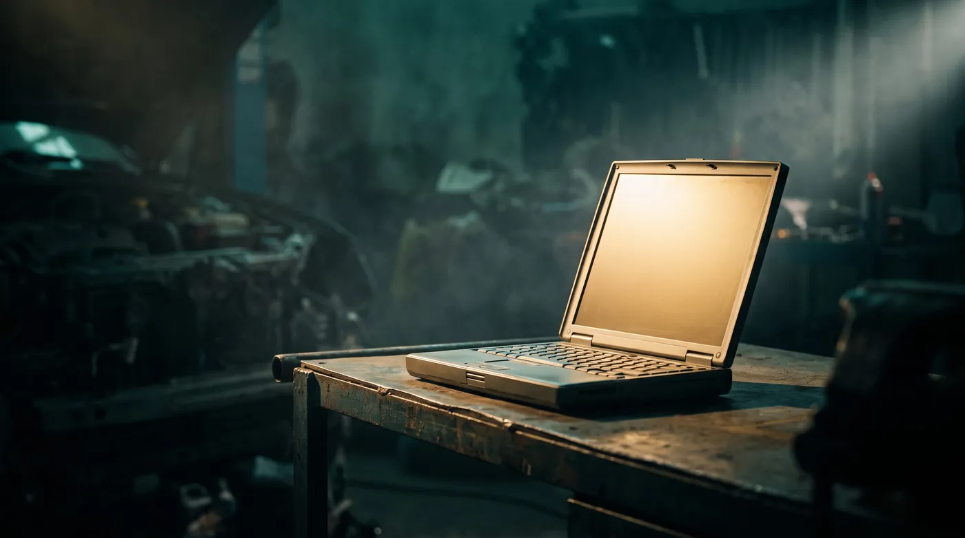Aufgeklappter Laptop auf einer Werkbank in der dunklen Werkstatt