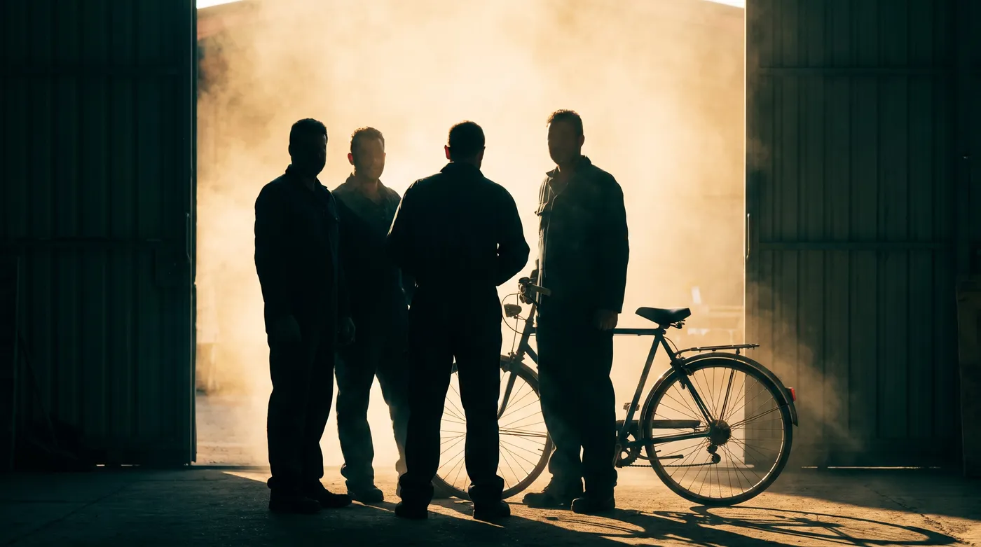 Werkstattteam als Silhouette im offenen Hallentor