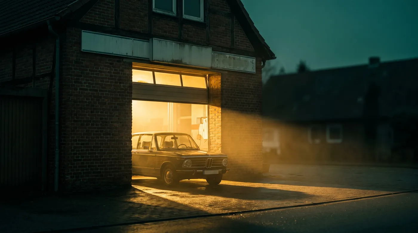 Beleuchtetes Hallentor einer Kfz-Werkstatt zur blauen Stunde, gut sichtbar von der Straße