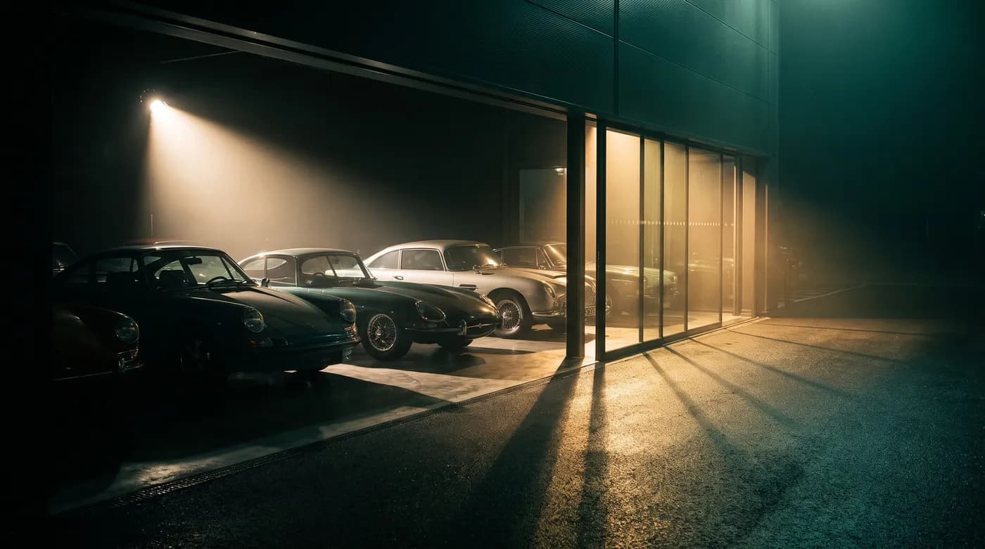 Autohaus bei Nacht mit Fahrzeugreihe hinter der Glasfront