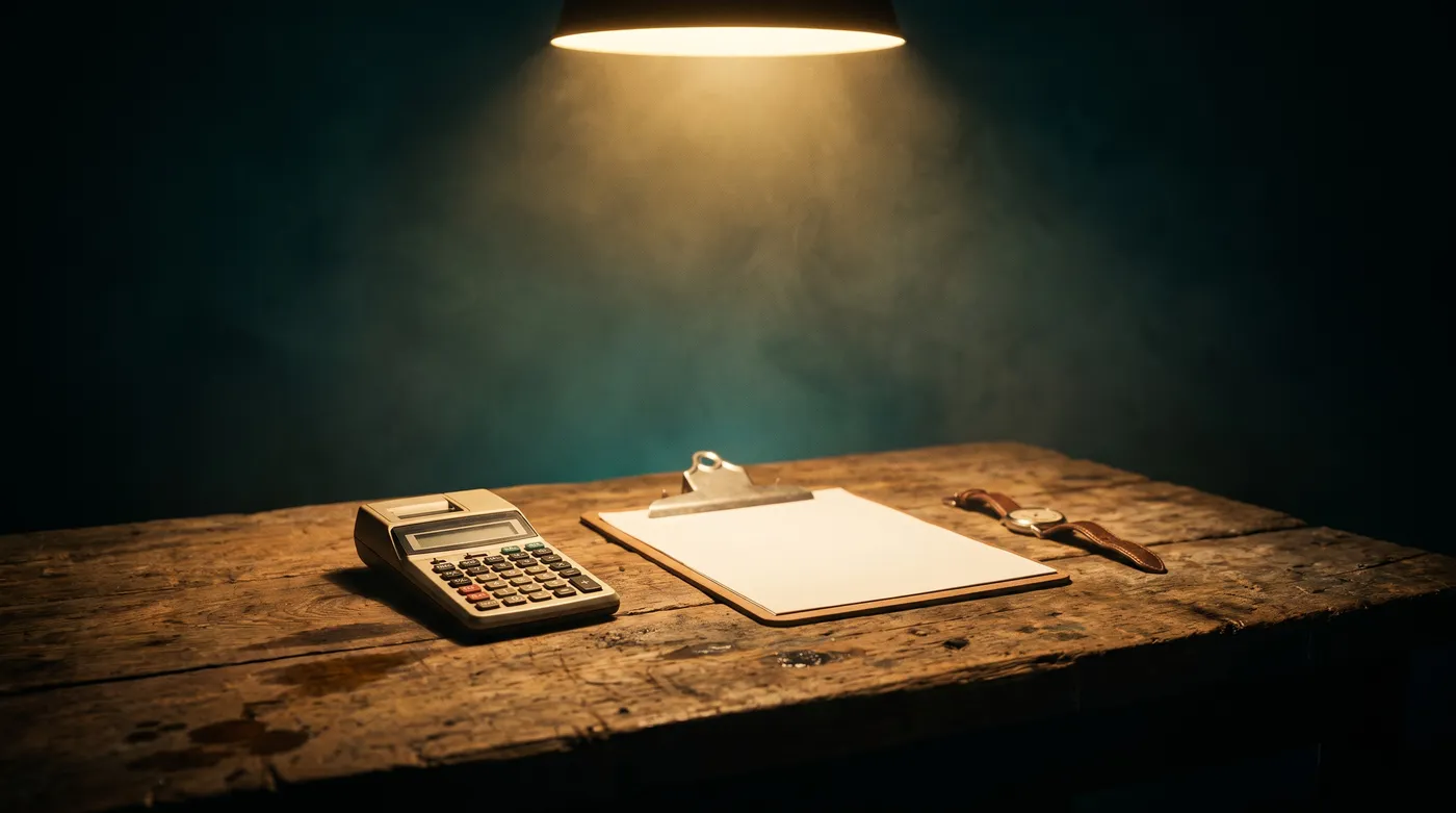 Taschenrechner und Klemmbrett auf der Werkbank im Lichtkegel