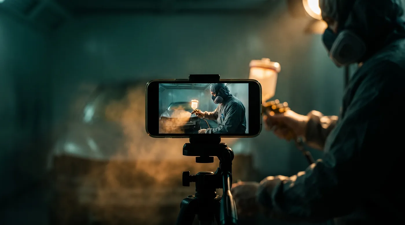 Smartphone auf Stativ filmt einen Lackierer in der Lackierkabine