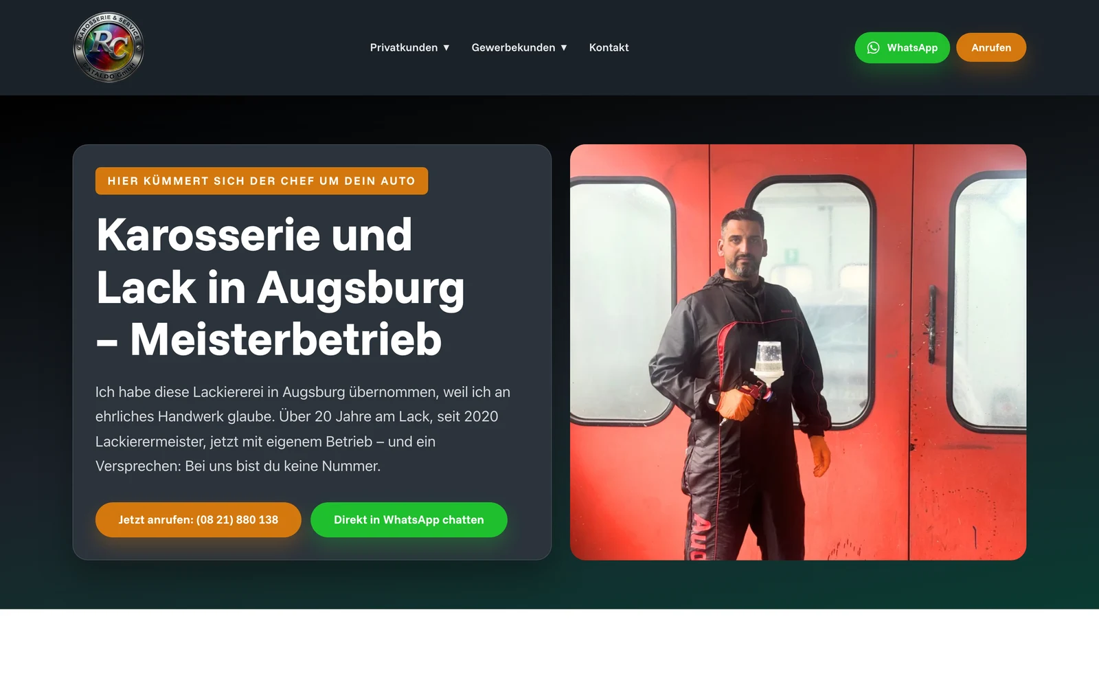 Startseite von lackiererei-augsburg.de mit dem Hero-Bereich von Cataldo Karosserie & Service