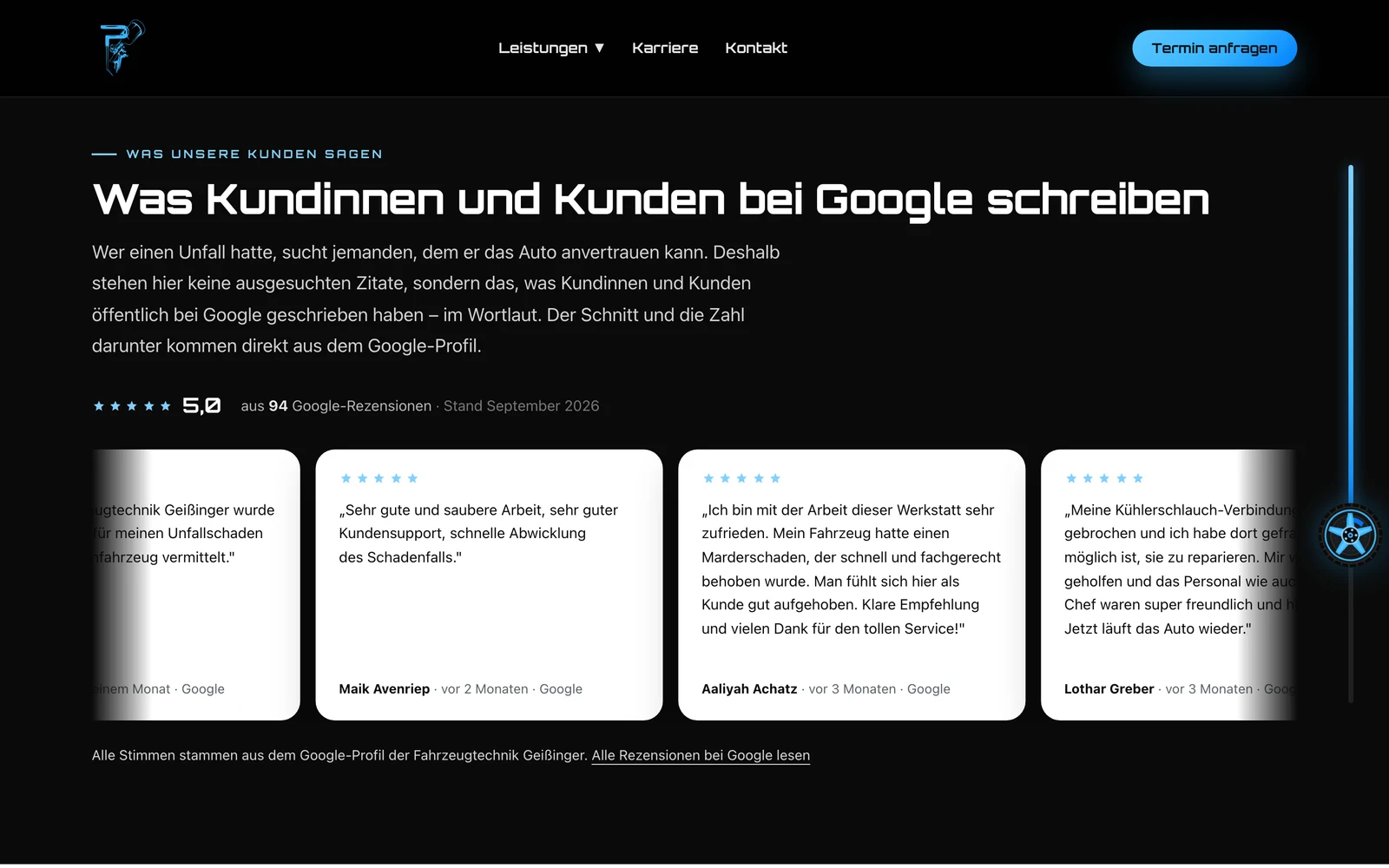 Abschnitt mit Google-Rezensionen auf kfz-geissinger.de: 5,0 aus 94 Bewertungen