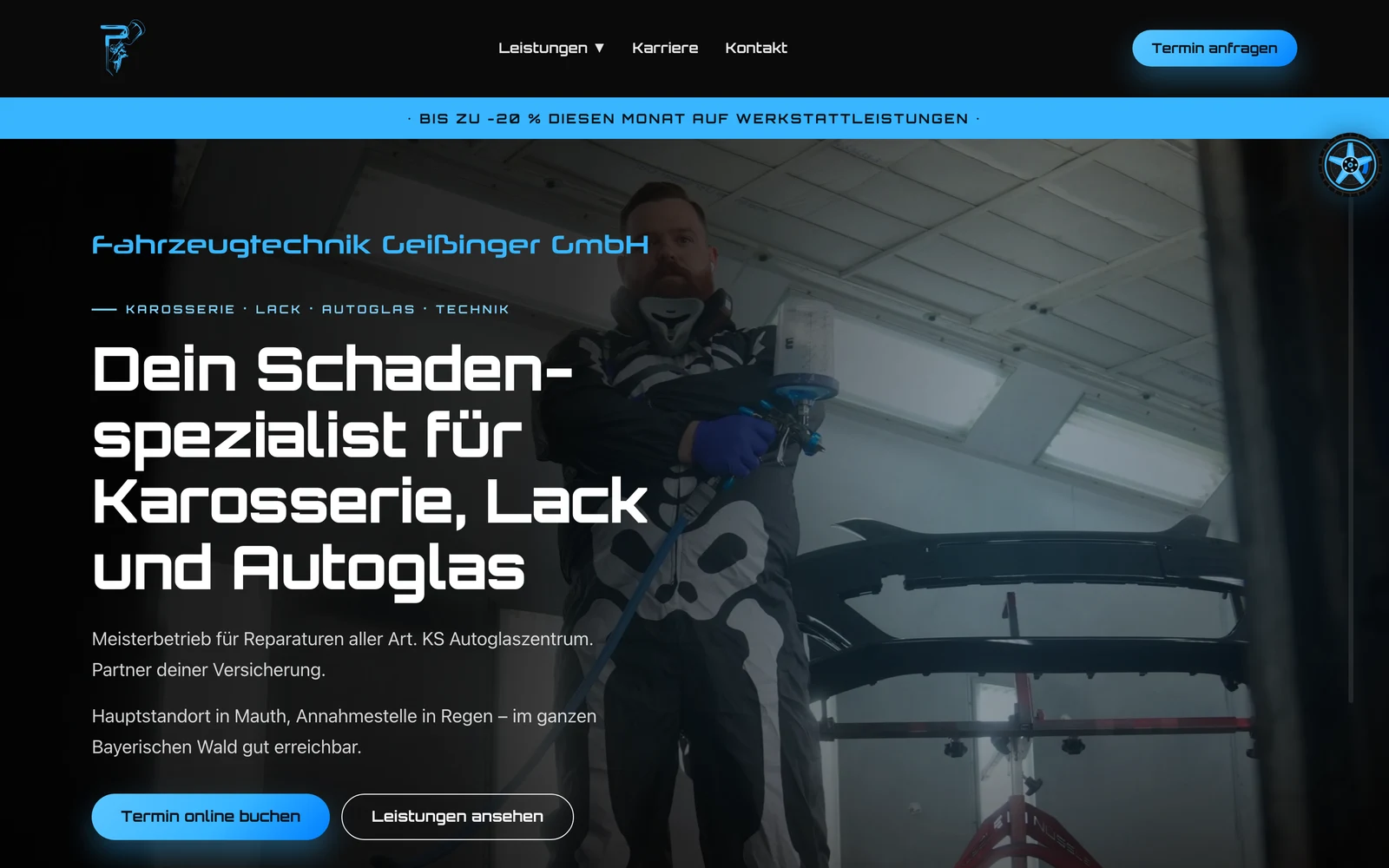Startseite von kfz-geissinger.de mit dem Hero-Bild aus der Lackierkabine