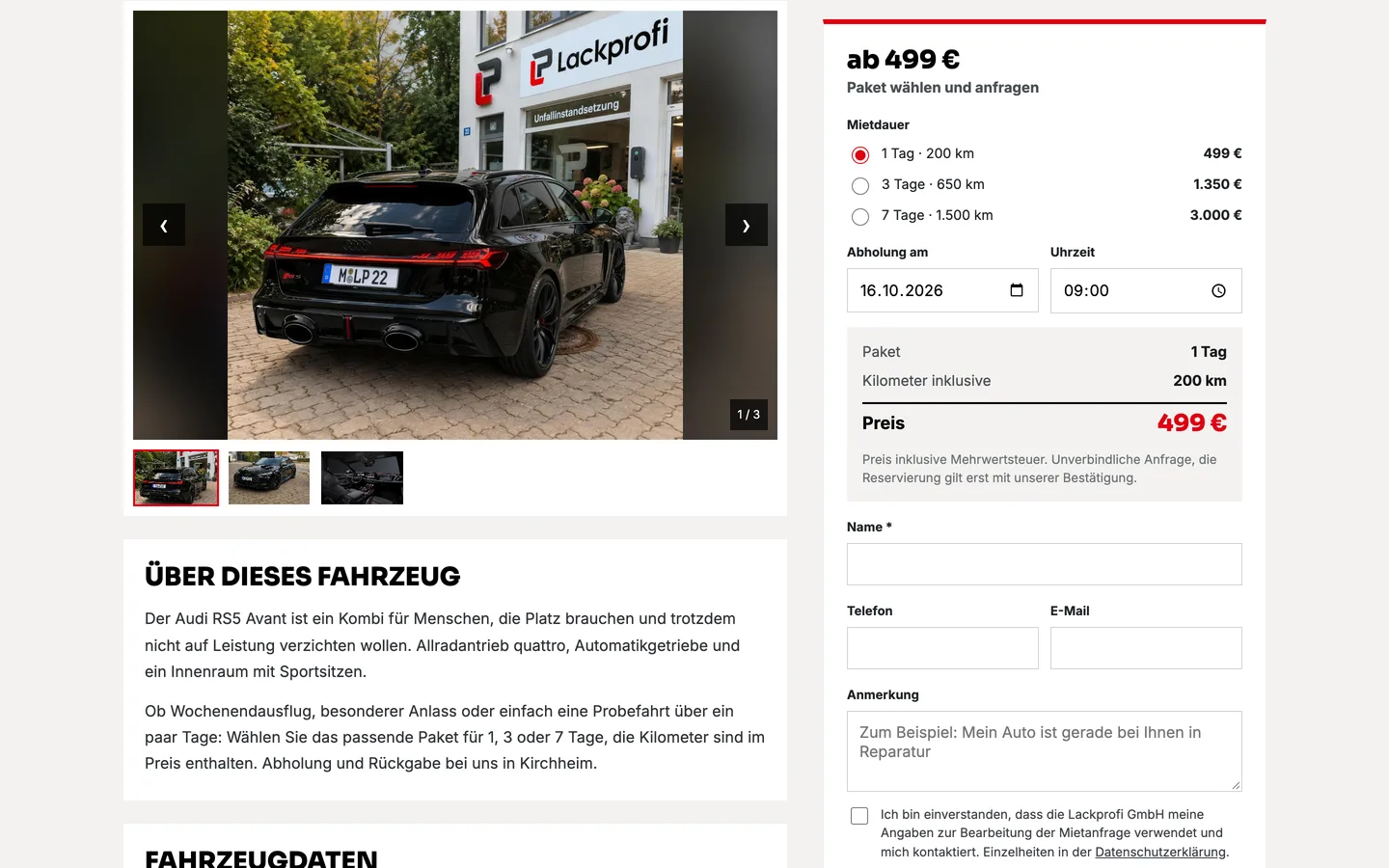 Fahrzeugseite Audi RS5 Avant mit Fotos, Paketpreisen und Anfrageformular