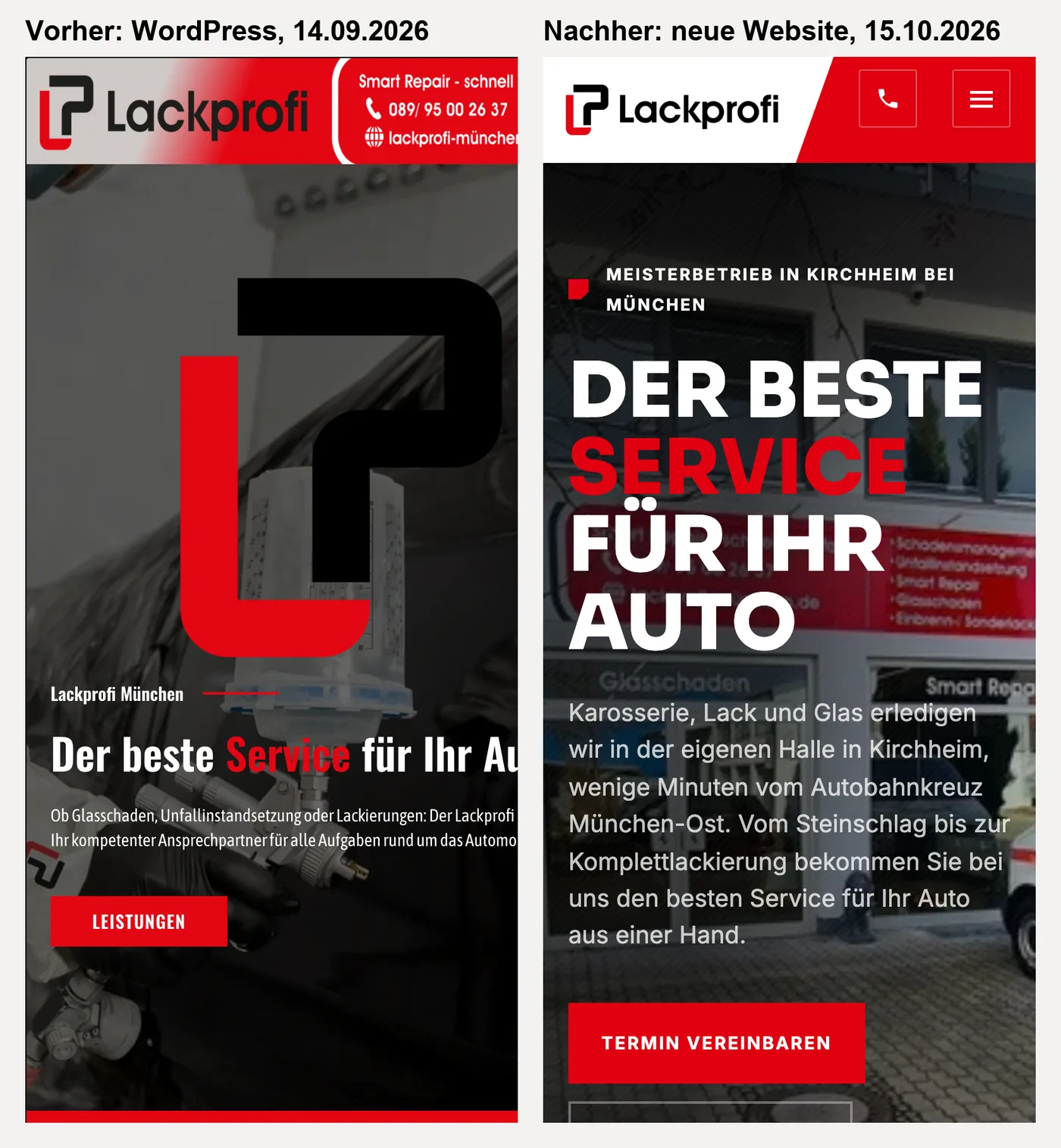 Vergleich der Startseite auf dem Handy: links die alte WordPress-Seite, rechts die neue Website
