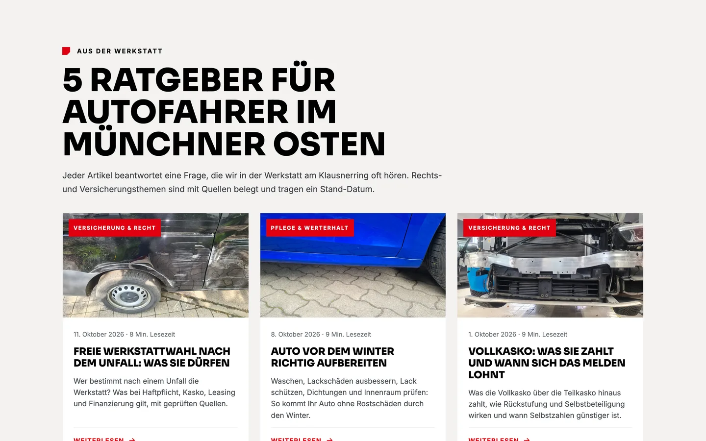 Ratgeber-Übersicht auf lackprofi-muenchen.de mit Artikeln zu freier Werkstattwahl, Winterpflege und Vollkasko