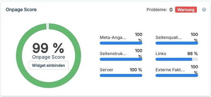 Onpage-Score von lackprofi-muenchen.de: 99 Prozent, Meta-Angaben, Seitenqualität, Seitenstruktur, Server und externe Faktoren je 100 Prozent, Links 86 Prozent
