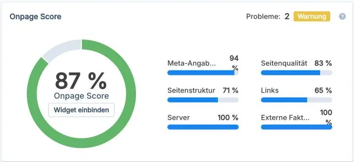 Erster Seobility-Check nach dem Umschalten: 87 Prozent Onpage-Score