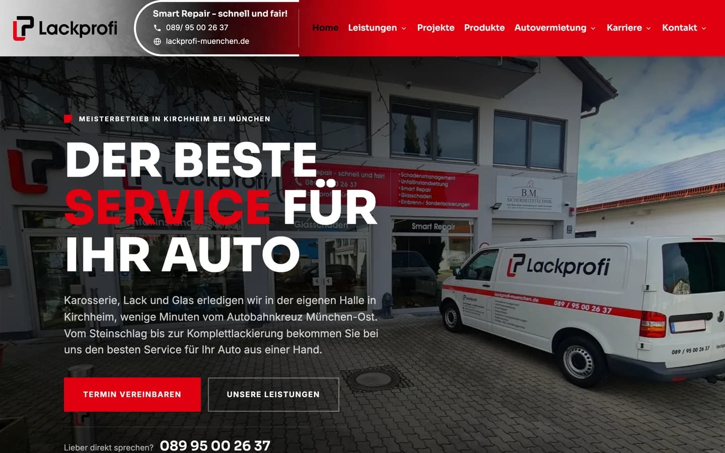 Neue Startseite von lackprofi-muenchen.de mit dem Betriebsgebäude, dem Lackprofi-Transporter und der Überschrift Der beste Service für Ihr Auto