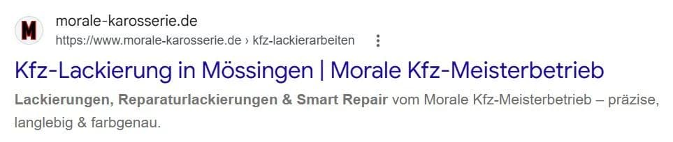 Google-Vorschau der Lackier-Seite von morale-karosserie.de mit eigenem Titel und eigener Beschreibung