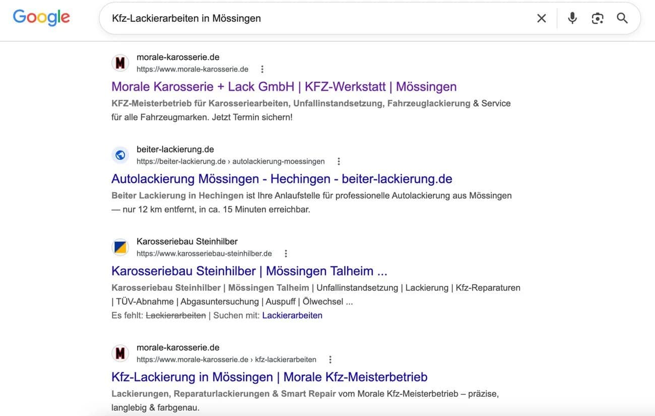 Google-Suchergebnis für „Kfz-Lackierarbeiten in Mössingen“: Morale steht auf Platz 1 und Platz 4