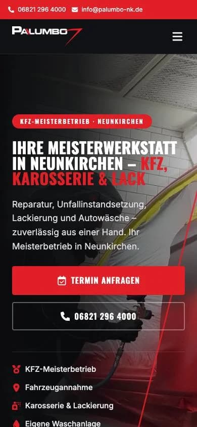 Startseite von palumbo-nk.de auf dem Handy mit den Knöpfen Termin anfragen und Telefonnummer