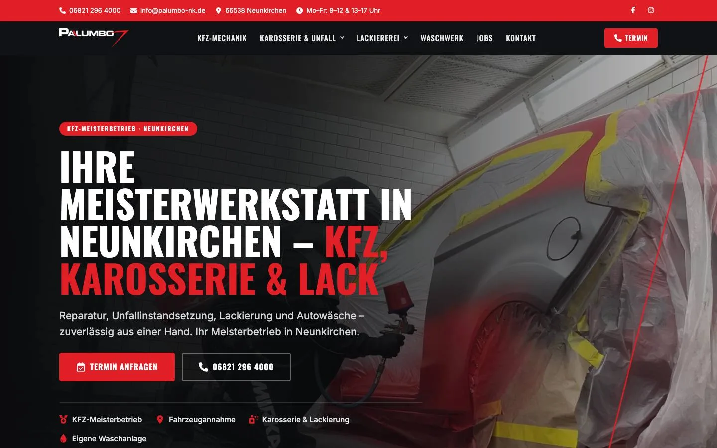 Startseite von palumbo-nk.de im Oktober 2026 mit Werkstattfoto und den Knöpfen Termin anfragen und Anrufen