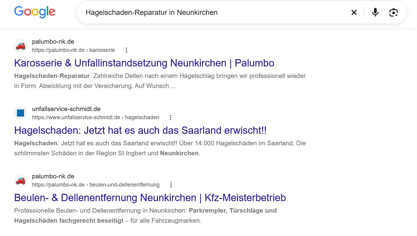 Google-Suche nach Hagelschaden-Reparatur in Neunkirchen mit Palumbo auf Platz 1 und Platz 3