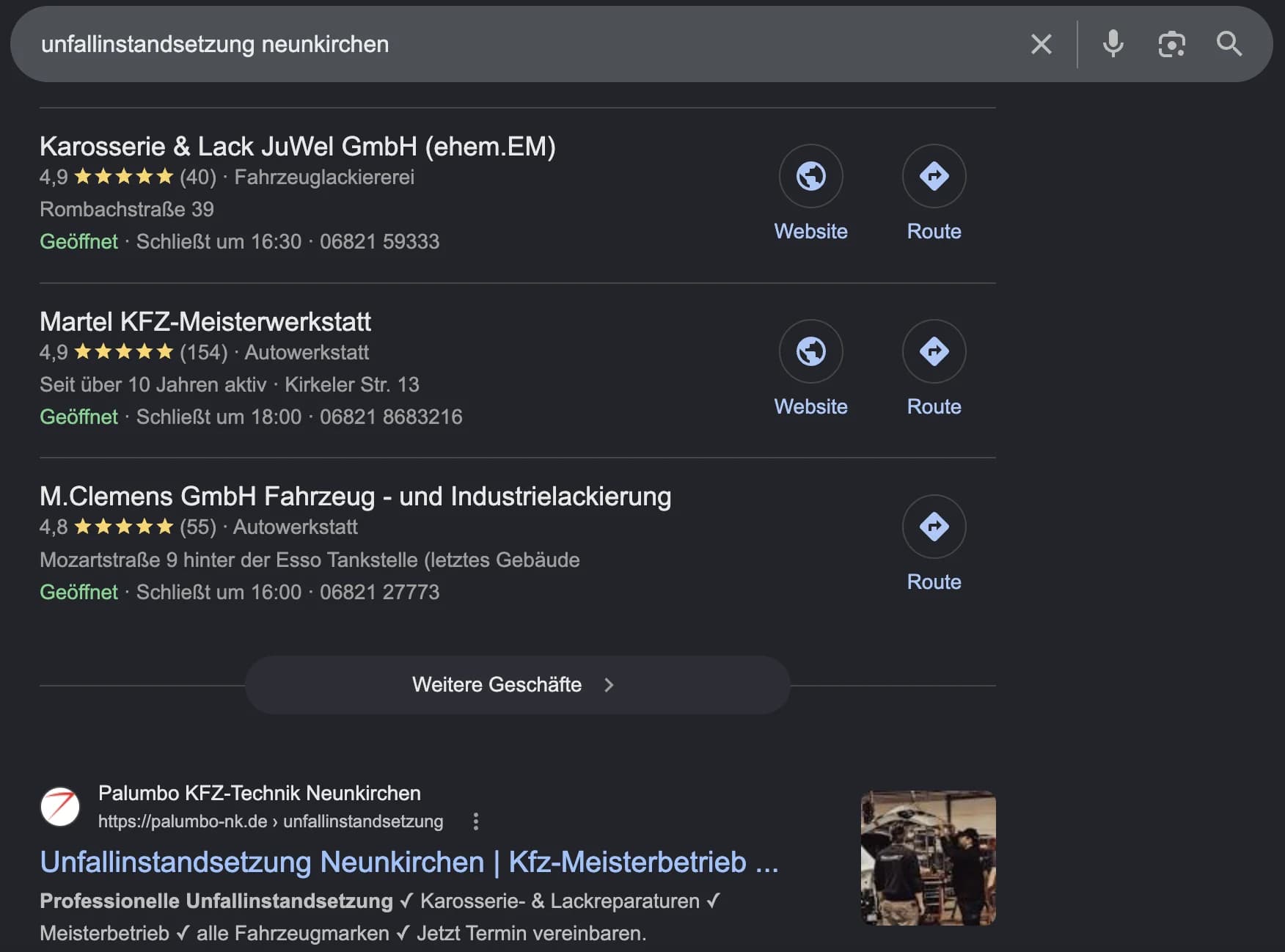 Google-Suche nach Unfallinstandsetzung Neunkirchen: unter dem Kartenkasten steht die Unfall-Seite von Palumbo als erstes normales Ergebnis