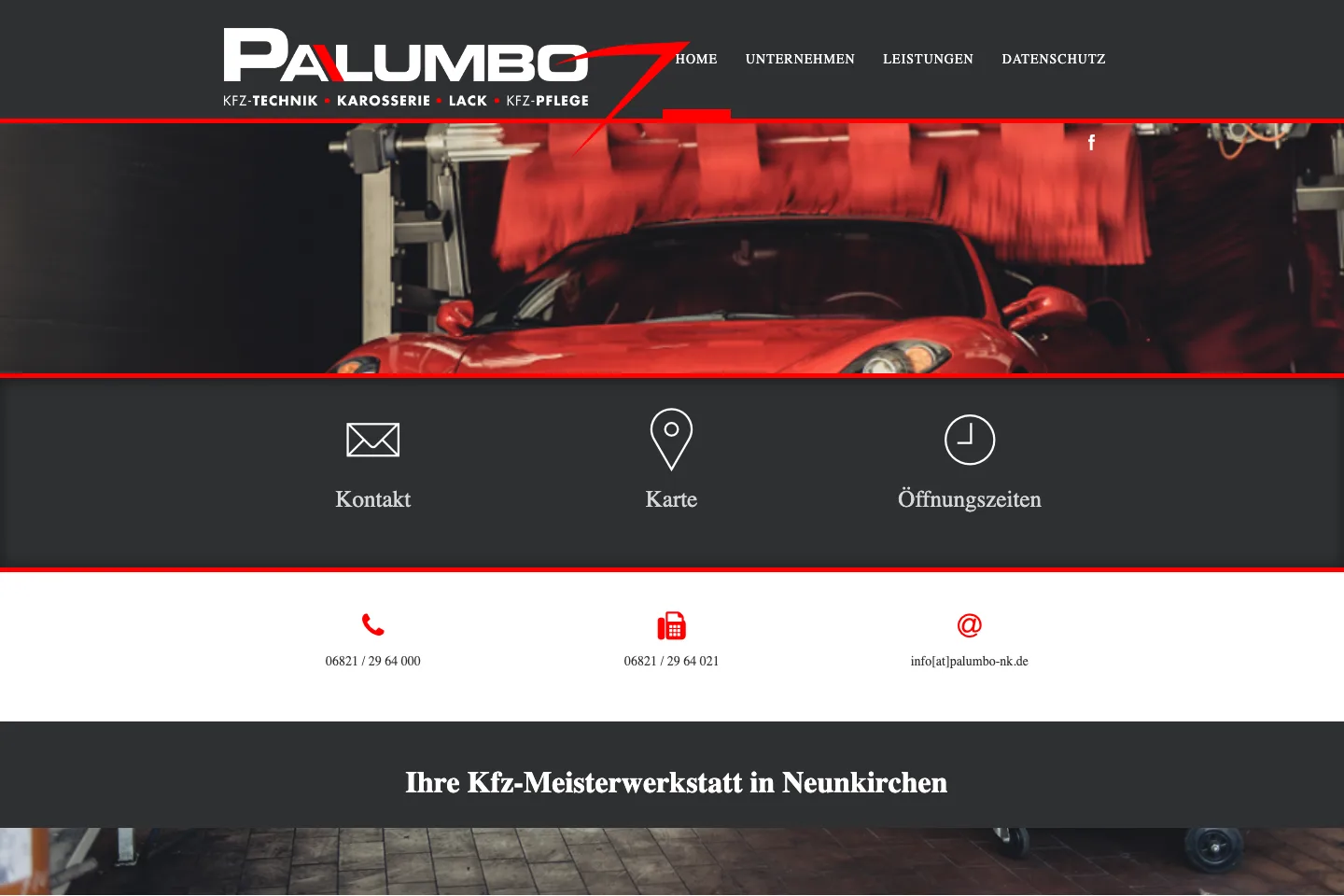 Alte Joomla-Startseite von palumbo-nk.de mit Kontaktsymbolen und drei Leistungskreisen